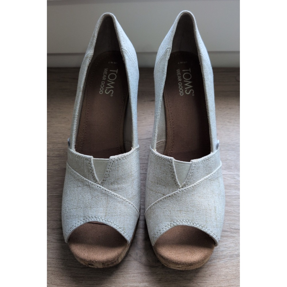 Toms Classic Wedge Sandals Size 7 Peep Toe Taupe Cork Woven Slip-On Comfort